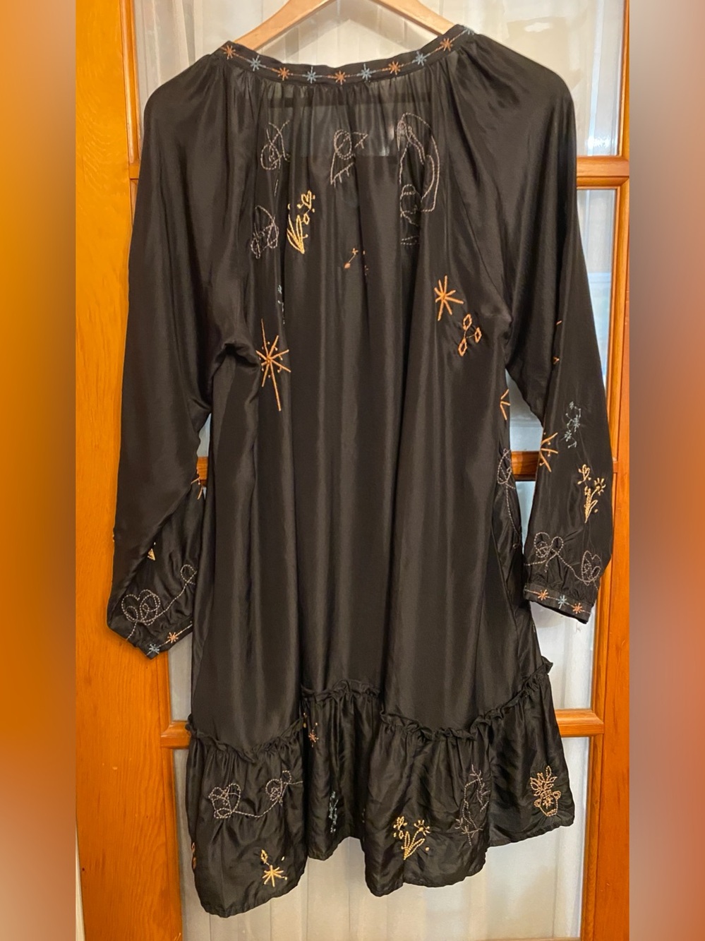 Johnny Was Embroidered Black Silk Long-Sleeve Boho Dress Size L - Picture 4 of 8
